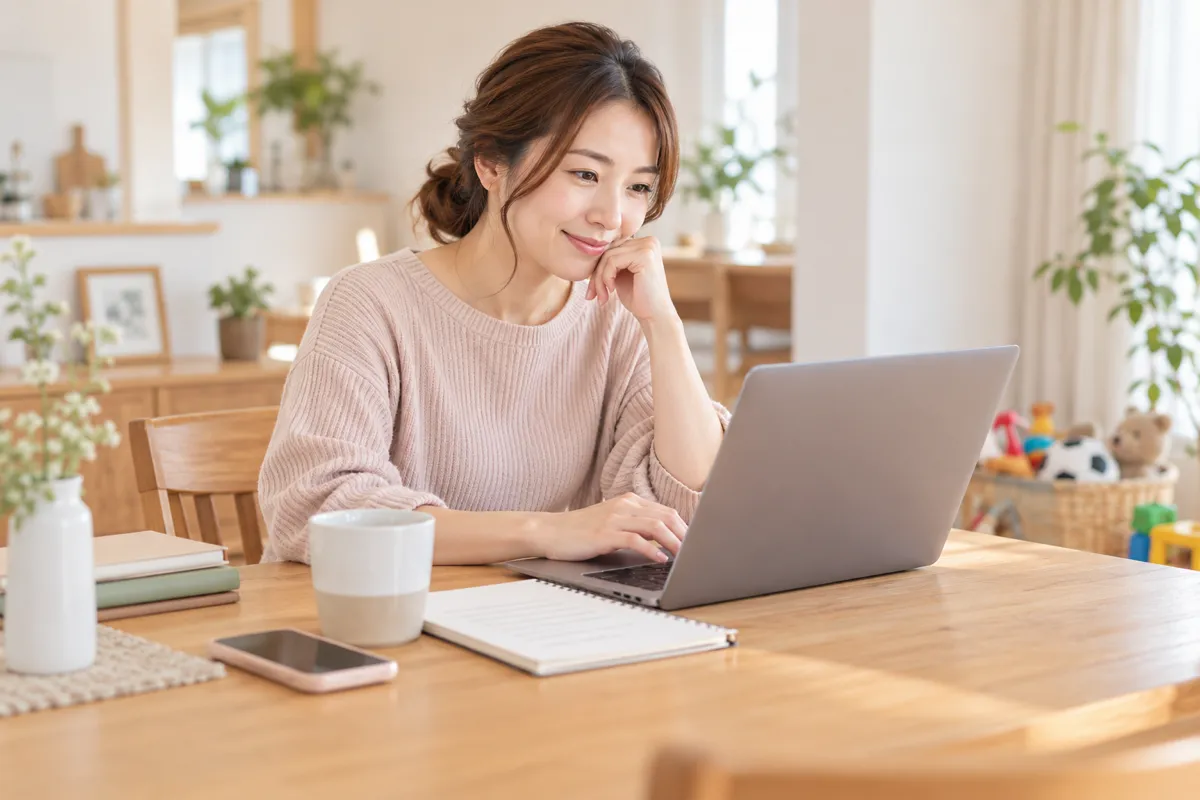 子どものおもちゃがある自宅でWebデザインを学ぶ女性