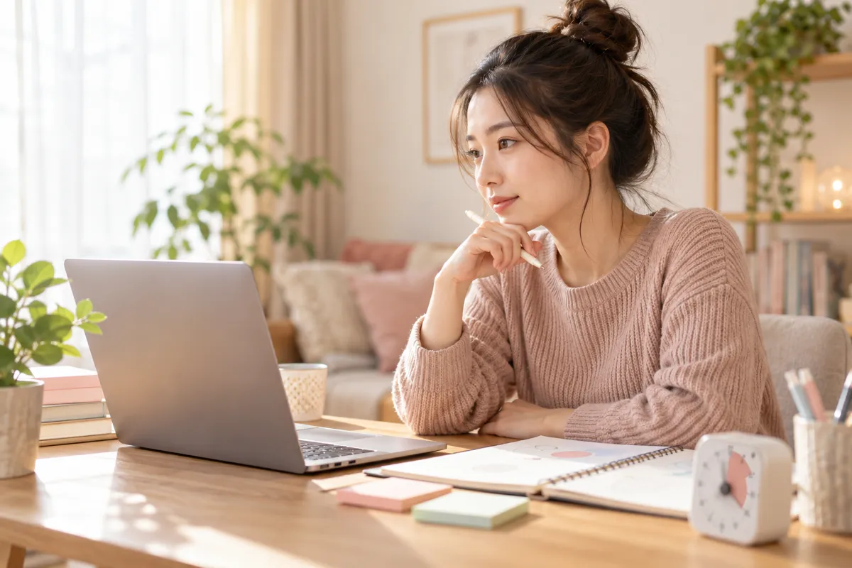 自宅の机で学習時間を考えながらノートを開く女性