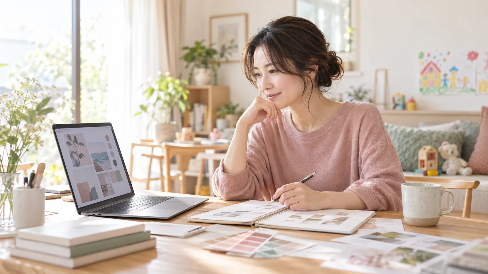 子育てをしながらAIを制作の補助に使い、在宅でデザインに取り組む女性
